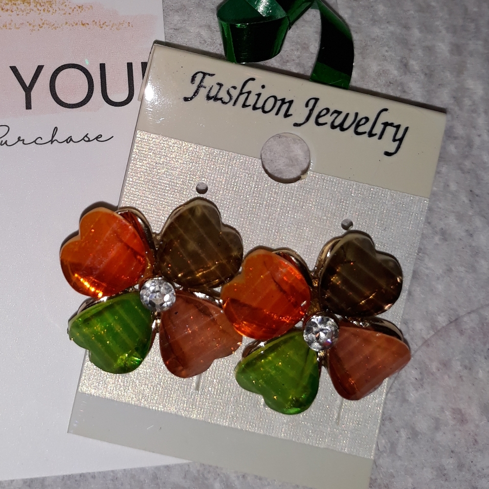 Floral Earrings Orange Green Brown CZ center stud NEW Fall Colors